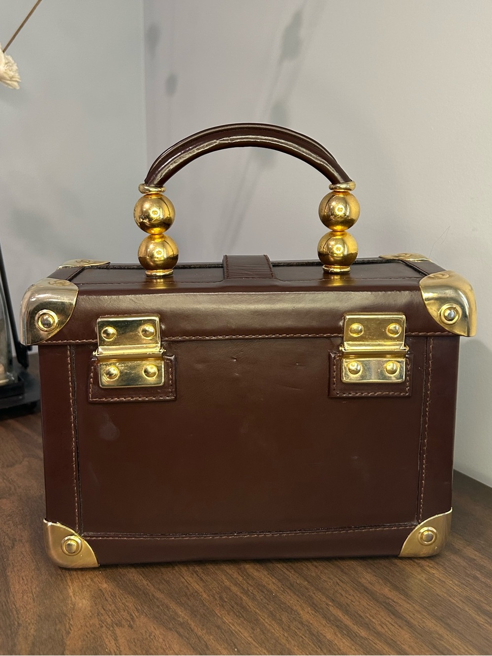 Vintage Gabbrielli Brown Leather Box Purse Gold Tone Structured Italy - Picture 6 of 10